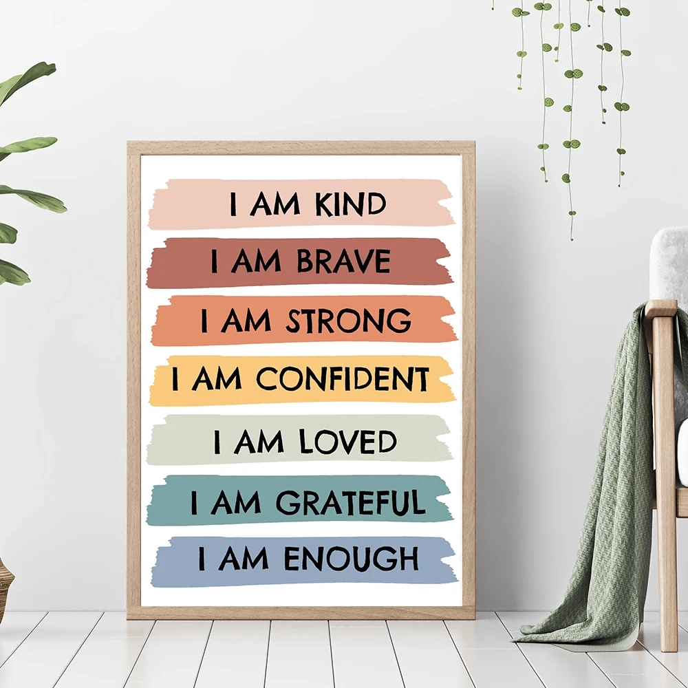 Kid Affirmations Wall Art Canvas Painting I Am Kind I Am Enough Colorful Poster Prints Nursery Kids Room Playroom Wall Art Decor