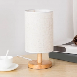 Linen Table Lamp LED Linen Night Lamp w/Warm White Light Nightstand Lamp Wooden with Cylinder Shade Table Lights Living Room