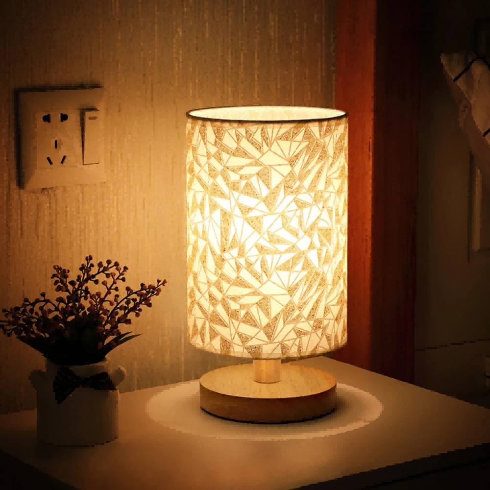 Linen Table Lamp LED Linen Night Lamp w/Warm White Light Nightstand Lamp Wooden with Cylinder Shade Table Lights Living Room